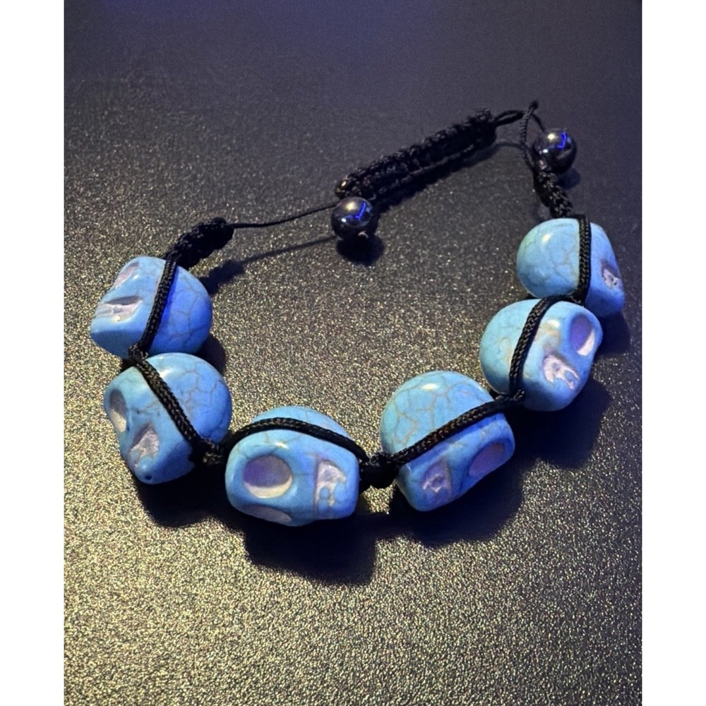 New Skull Bead Adjustable Bracelet Blue Skull Beads Black Braided Cord Gothic